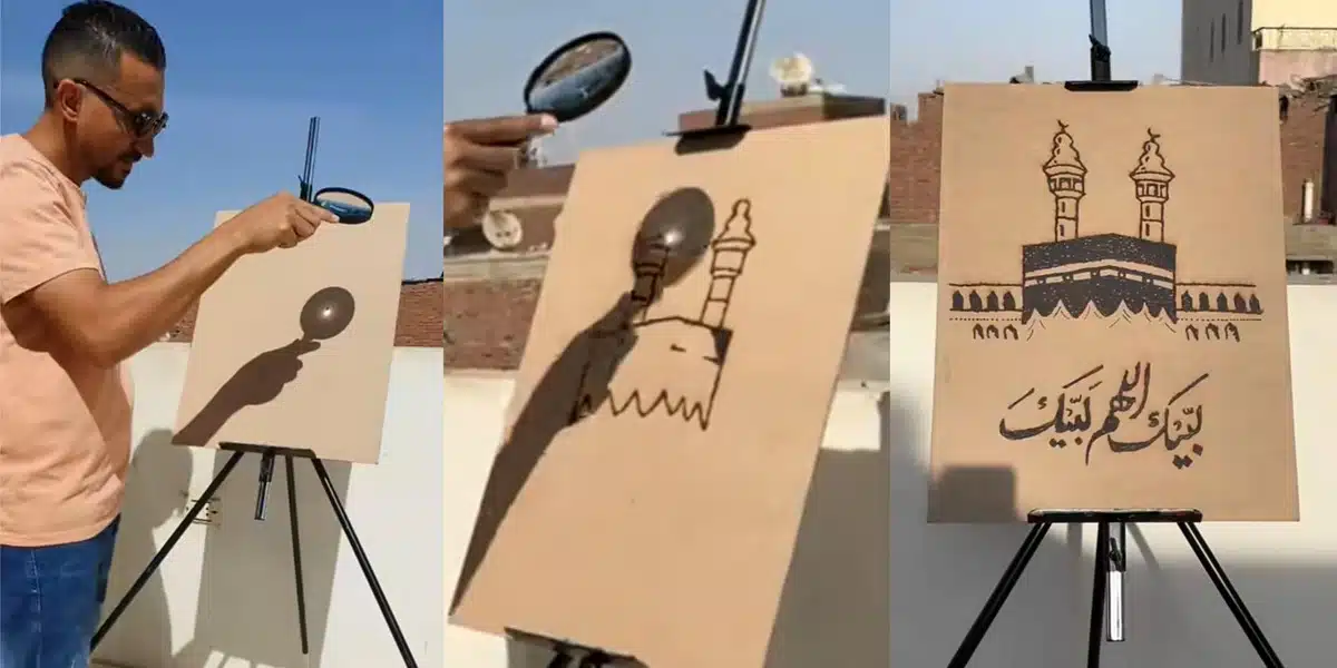 Egyptian artist goes viral for creating Mecca image using sun's heat and magnifying lens