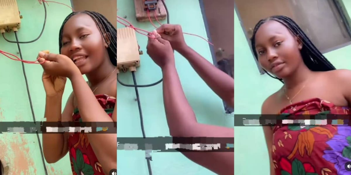 Lady displays her female friend’s electrical skills as she fixes hostel’s lighting issues