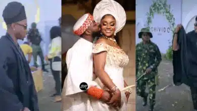 Ike Onyema draws attention as he arrives at Davido's wedding with a soldier