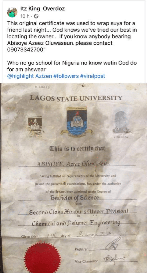 Shock as original certificate of LASU engineering graduate with 2.1 used to sell suya