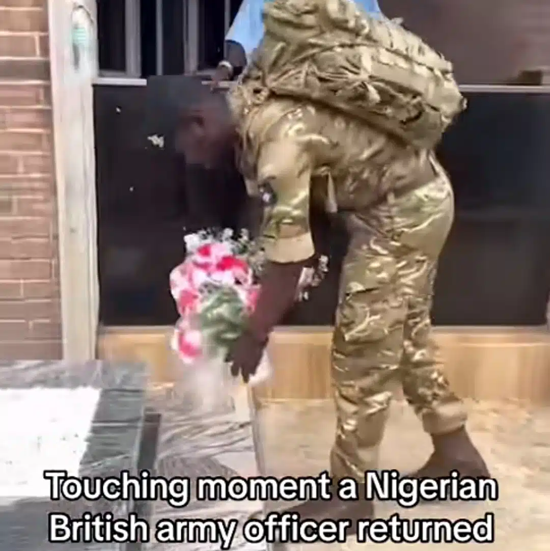 Touching moment as Nigerian British Army officer marches home after mother's death