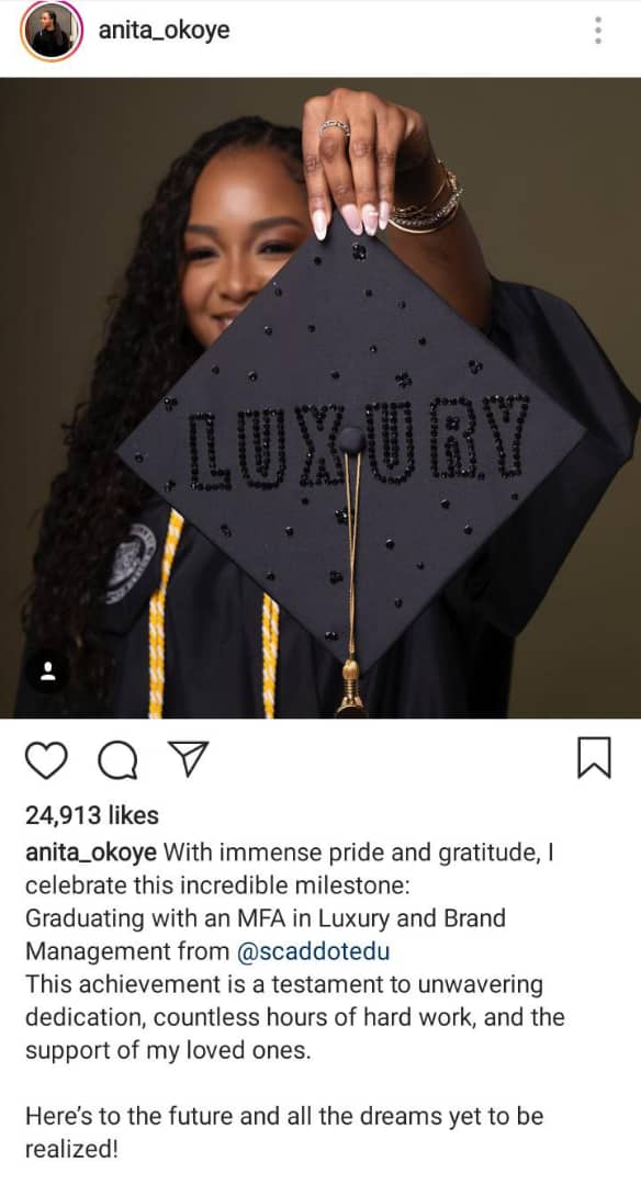 Anita Okoye celebrates as she bags a degree from American college, Rudeboy reacts