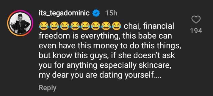 Tega Dominic reacts to reports of man who dumped his girlfriend over N100K skincare request
