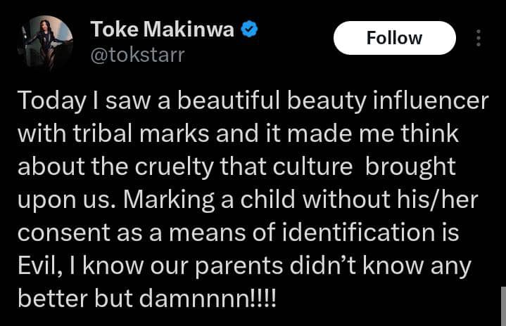 Toke Makinwa clashes with netizen over her stance on tribal marks