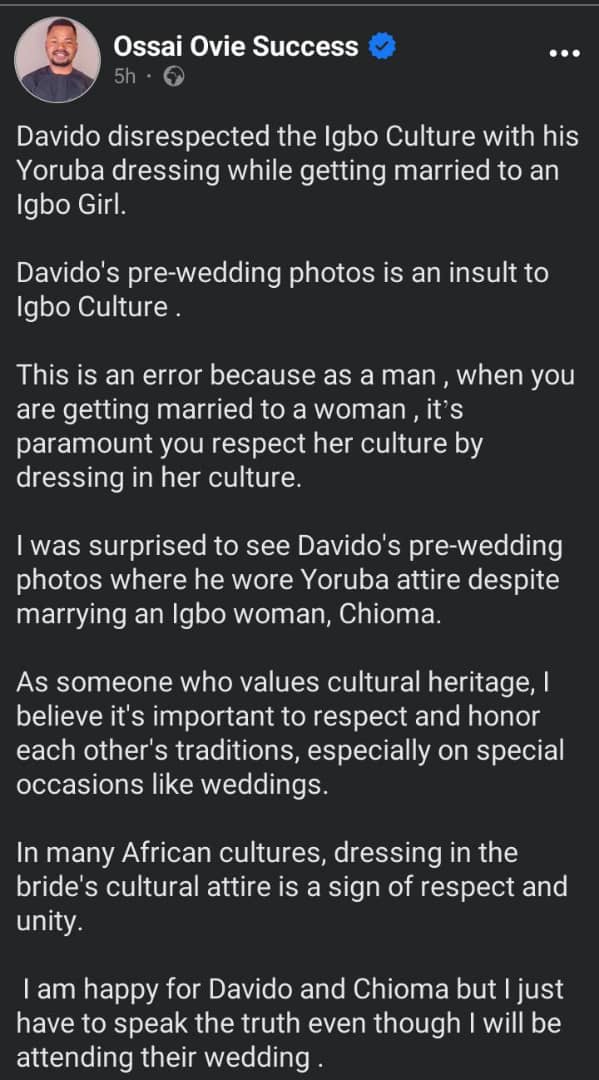 Ossai Success blasts Davido for wearing Yoruba attire in pre-wedding photos