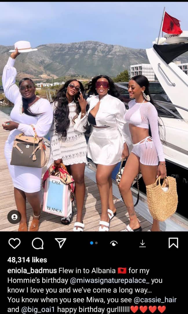 Eniola Badmus noticeably absent from Davido's wedding, travels to Albania for friend's birthday