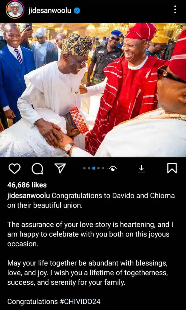 Governor Sanwo-Olu congratulates Davido and Chioma following their wedding