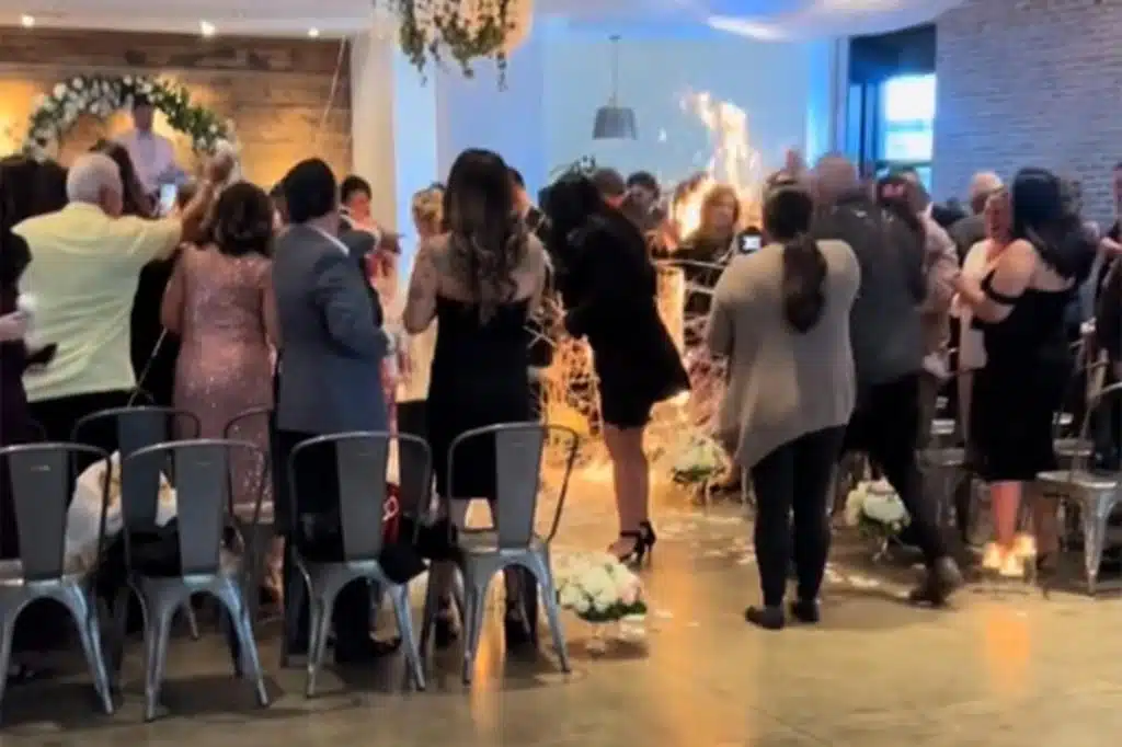 Bride’s wedding gown catches fire by fancy candles 