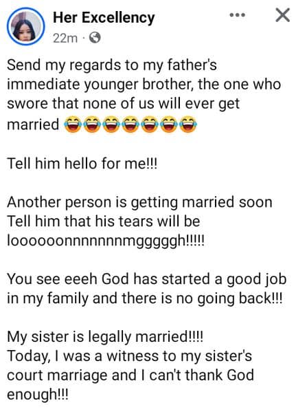 Lady joyful as sister weds after uncle swore none will get married