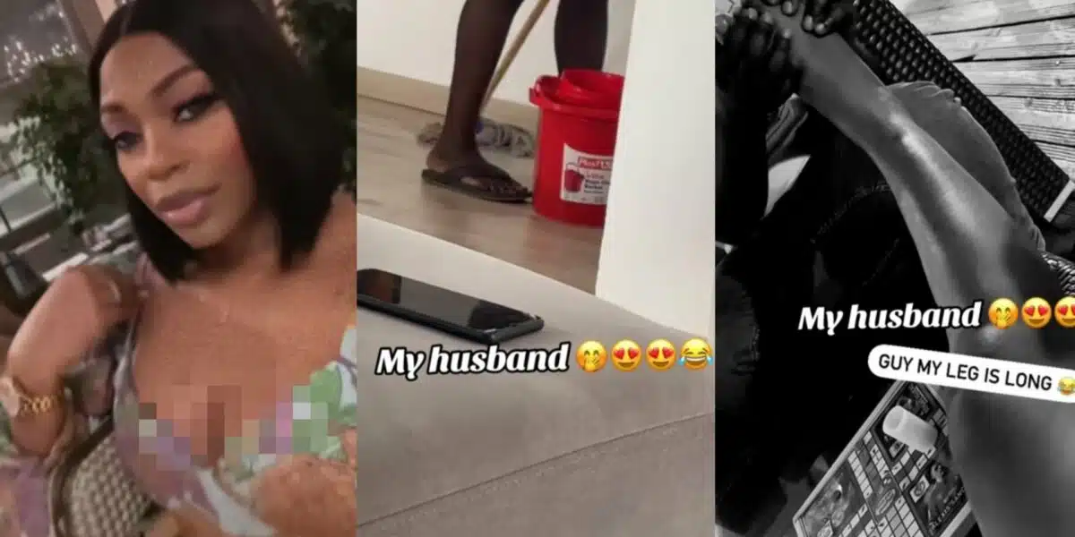 Lady shares video of Husband doing house chores after her mom said nobody will marry her due to her laziness