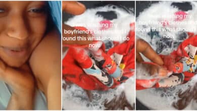 Heartbroken lady displays disturbing object she found while washing boyfriend's clothes at home