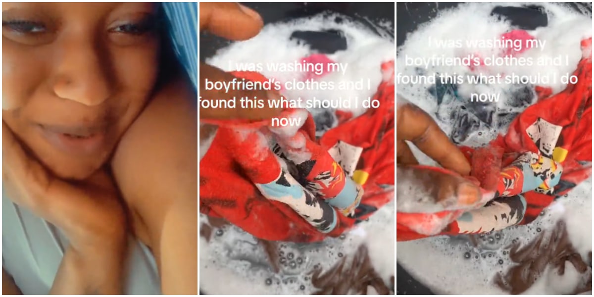 Heartbroken lady displays disturbing object she found while washing boyfriend's clothes at home