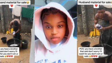 Nigerian lady advertises 'husband material' brother as he helps with laundry