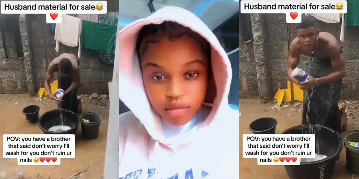 Nigerian lady advertises 'husband material' brother as he helps with laundry