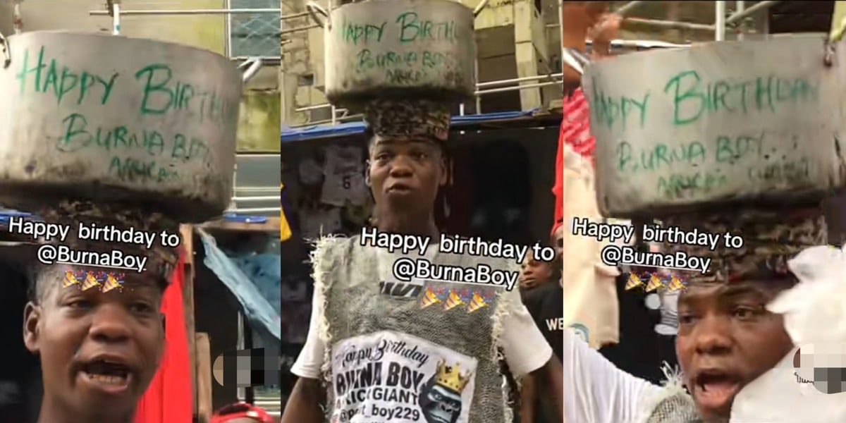 Nigerian man celebrates Burna Boy's birthday by hawking "Happy Birthday" pot in market