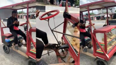Nigerian man goes viral as he builds bicycle made of wood to hawk snacks business