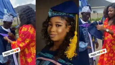 Nigerian lady celebrates university graduation by dressing father in her gown