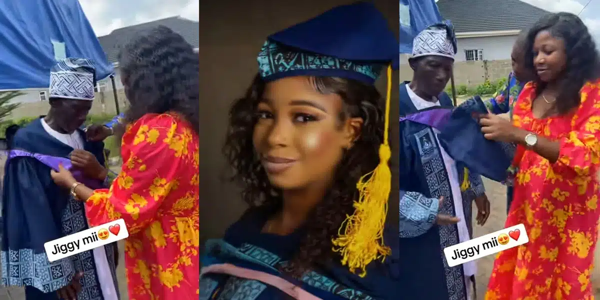 Nigerian lady celebrates university graduation by dressing father in her gown