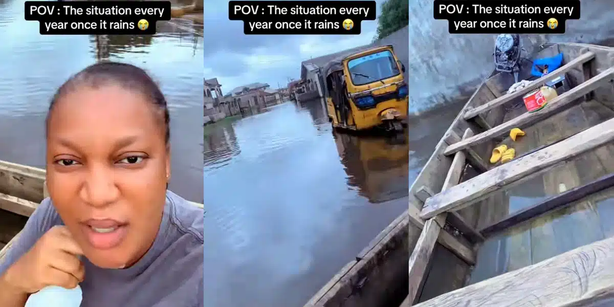 Nigerian lady uses canoe for transportation as her street floods due to heavy rainfall