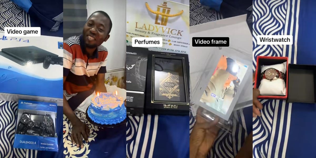 Nigerian lady treats fiancé to luxuries with PS4, iPad, cake, perfume, wristwatch, etc on birthday