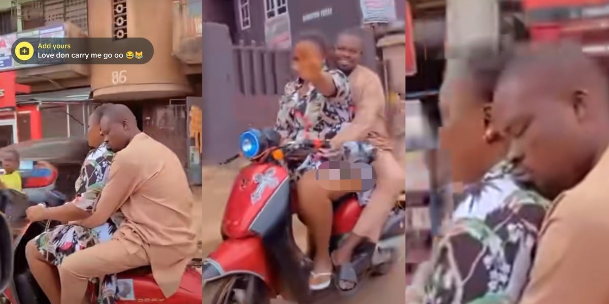 Nigerian man sweetly embraces wife while she drives motorcycle, captures hearts online 