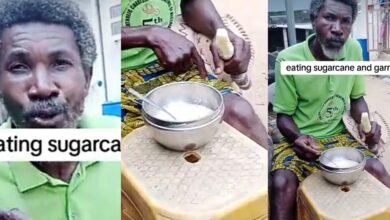 Nigerian man discovers a new food combination, Garri with sugarcane
