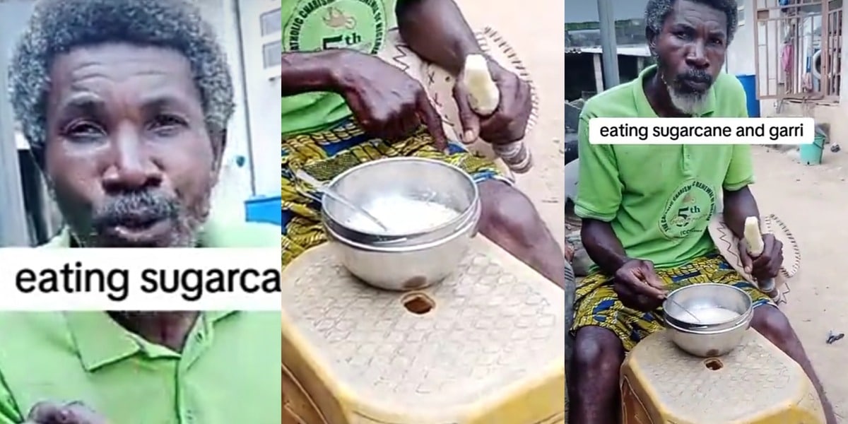 Nigerian man discovers a new food combination, Garri with sugarcane