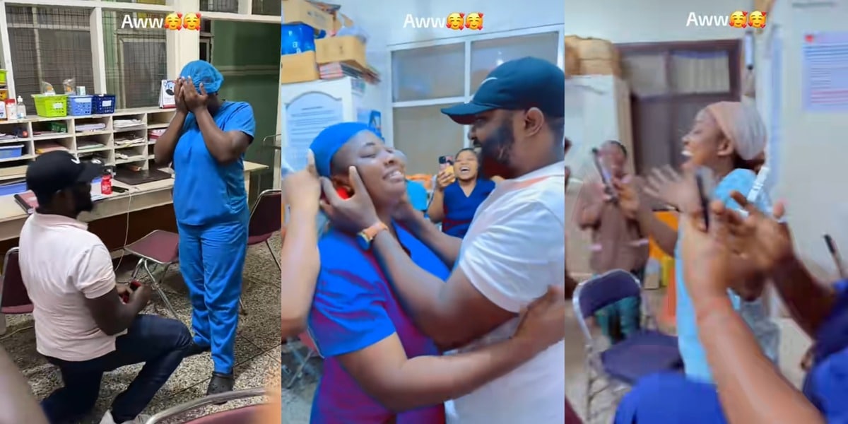 Nigerian man surprises nurse girlfriend with hospital proposal, gets emotional reaction