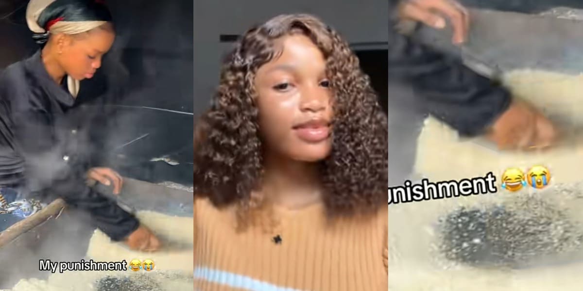 Nigerian lady punished by uncle for inflating clearance fee by ₦100k, ordered to fry Garri