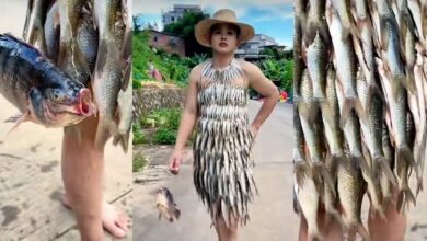 Woman goes viral for outfit made entirely of raw fish