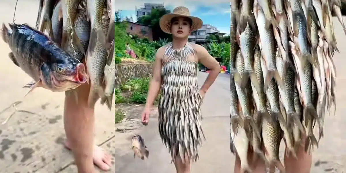 Woman goes viral for outfit made entirely of raw fish