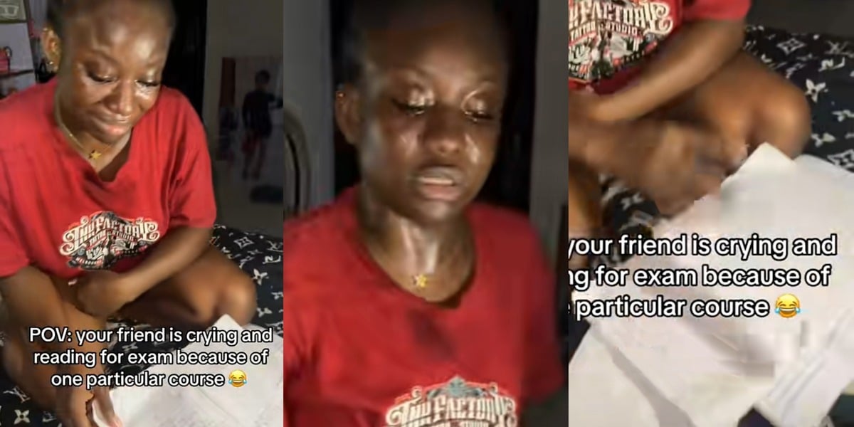 Nigerian lady sparks discussion, bursts into tears studying for tough exam