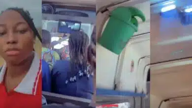 Nigerian lady sparks curiosity online after finding waste bin, TV, speakers, and blue lights in Lagos bus