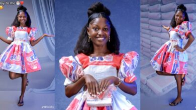Nigerian lady celebrates birthday in unique dress made entirely of cement bags