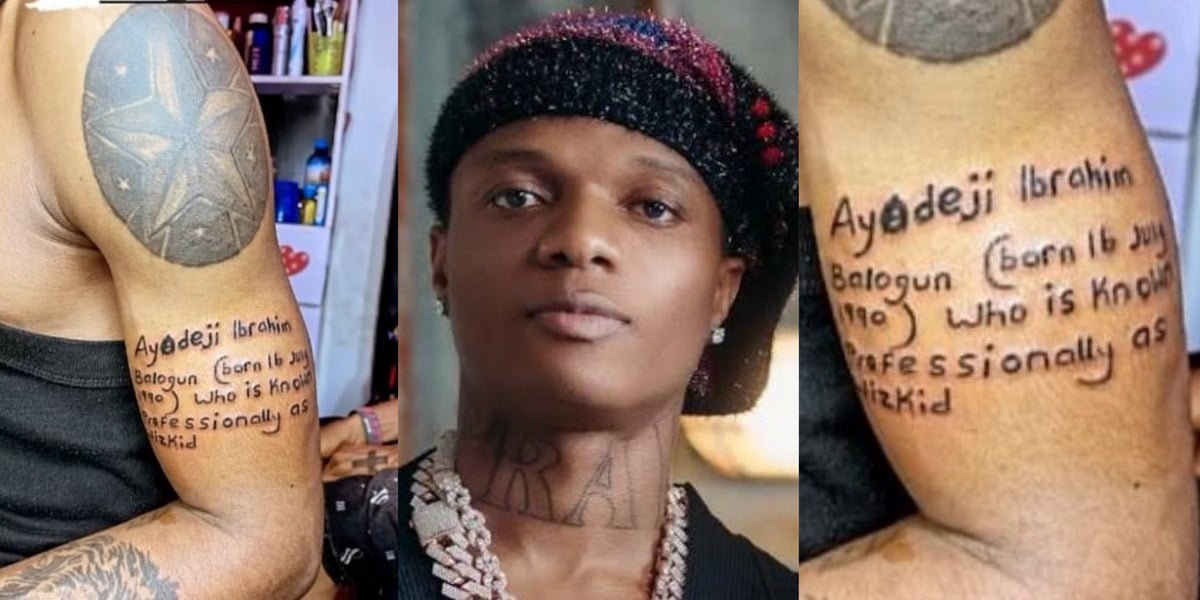 Nigerian man gets permanent tattoo of Wizkid's biography as birthday gift to singer