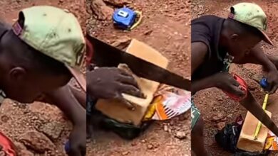 Nigerian carpenter causes stir online as he uses measuring tape and saw to split bread