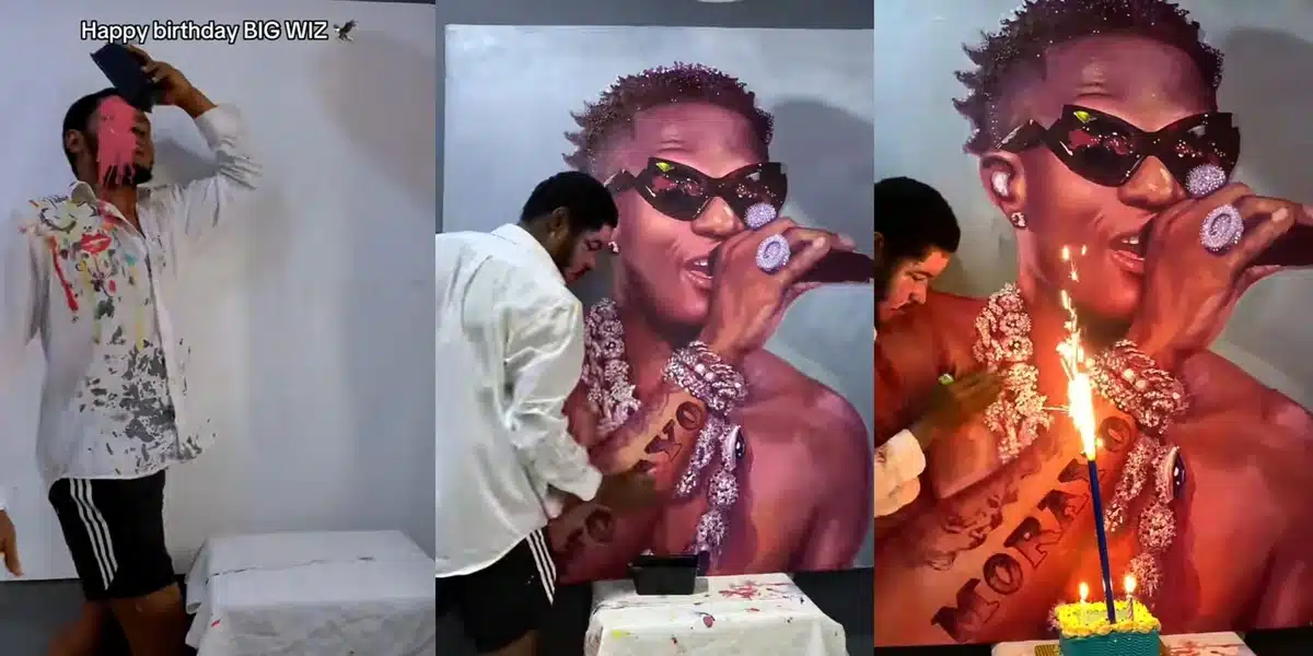 Nigerian artist goes viral for creating Wizkid portrait with paint and bare hands