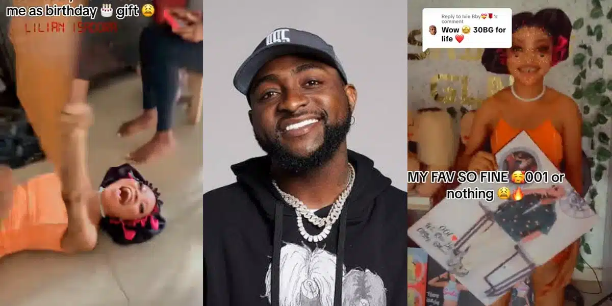 Nigerian lady loses it, rolls on ground as she receives Davido's framed picture as birthday gift