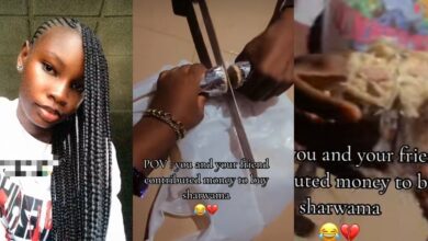Nigerian lady and friend spark social media buzz as they use cutlass to divide shawarma they bought together