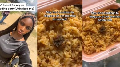 Nigerian lady triggers reactions with tiny meat, meal portion she received at ex-boyfriend's wedding party