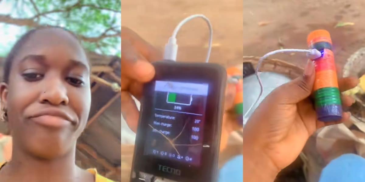 Nigerian lady stuns social media with power bank made from bottle caps, charges phone with it