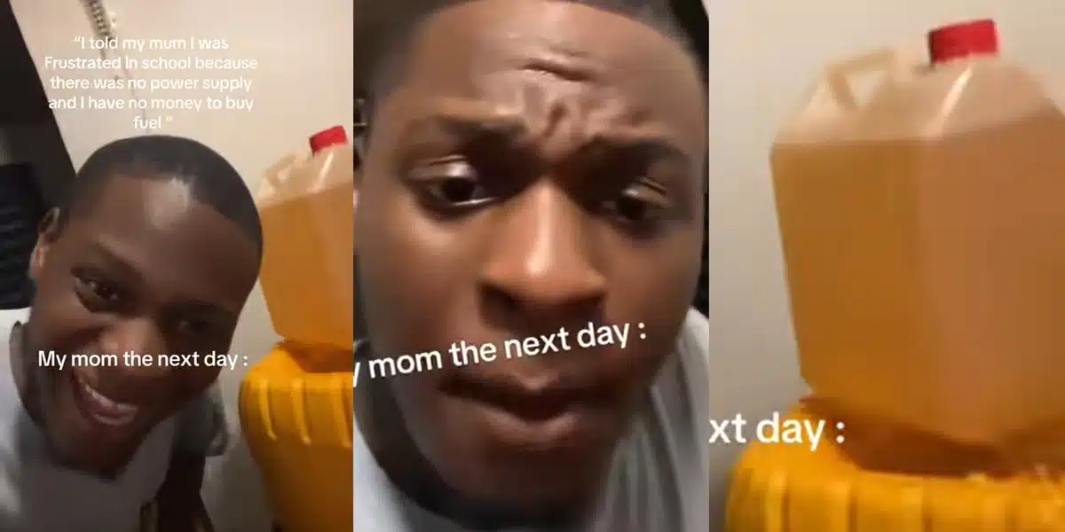 Nigerian man shows off petrol gift from mother after complaining about school power outages