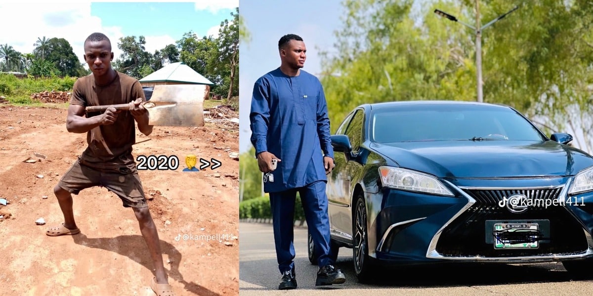 Nigerian man shares inspiring throwback photos from bricklayer to success, flaunts expensive car