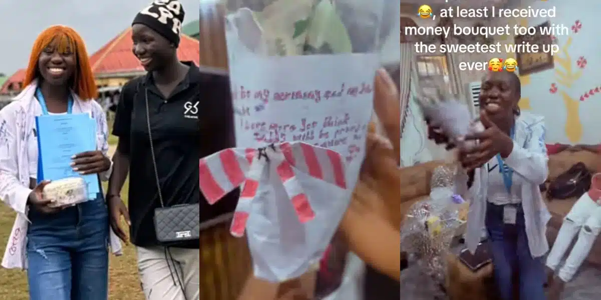Nigerian lady gets emotional as sister gifts her ₦20, ₦50 money bouquet and heartfelt note on graduation day
