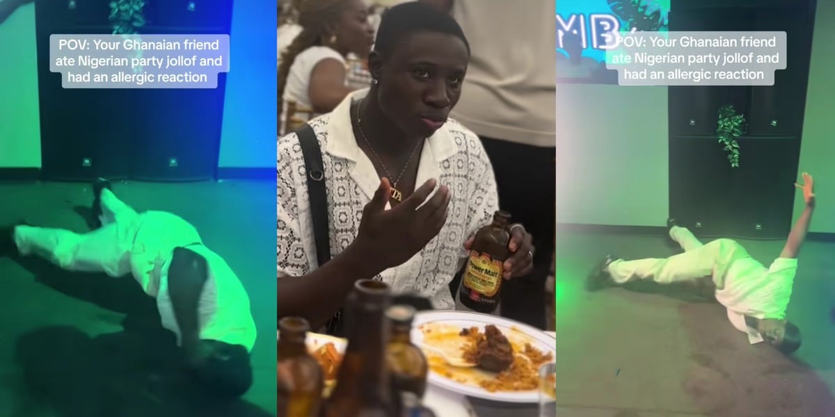 Ghanaian man dances and rolls on floor after tasting delicious Nigerian jollof rice