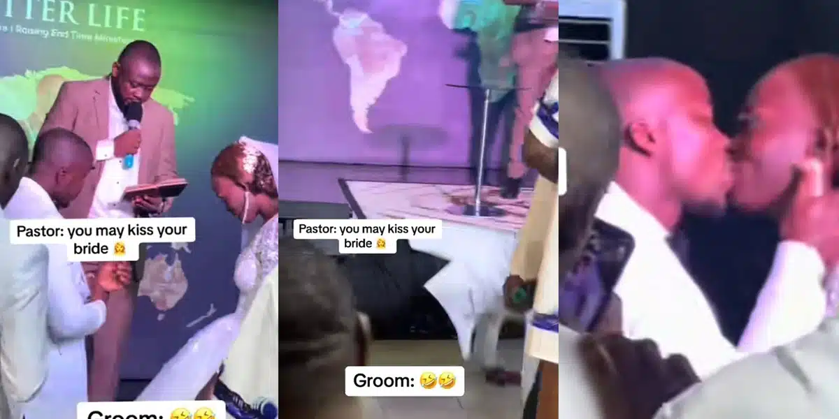 Nigerian groom shocks guests by doing push-ups before kissing bride at wedding