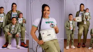 Nigerian woman celebrates NYSC completion with kids in matching uniforms