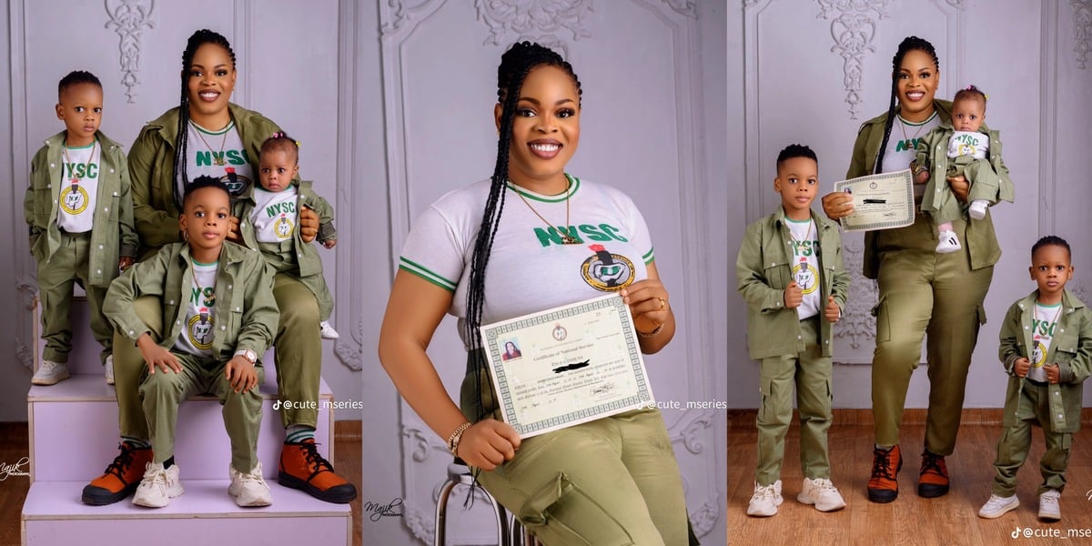 Nigerian woman celebrates NYSC completion with kids in matching uniforms