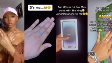 Nigerian lady overjoyed as boyfriend proposes with diamond ring, iPhone 14 Pro Max, and new shop