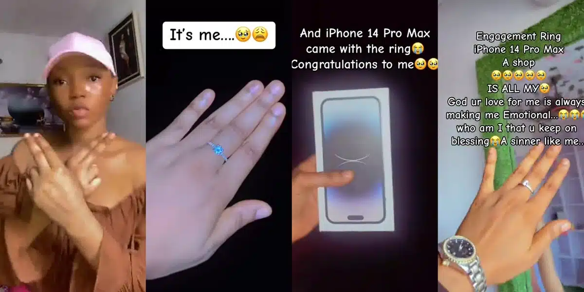 Nigerian lady overjoyed as boyfriend proposes with diamond ring, iPhone 14 Pro Max, and new shop